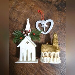 Vintage Plastice Church, Holiday Ornament Set Of 3.